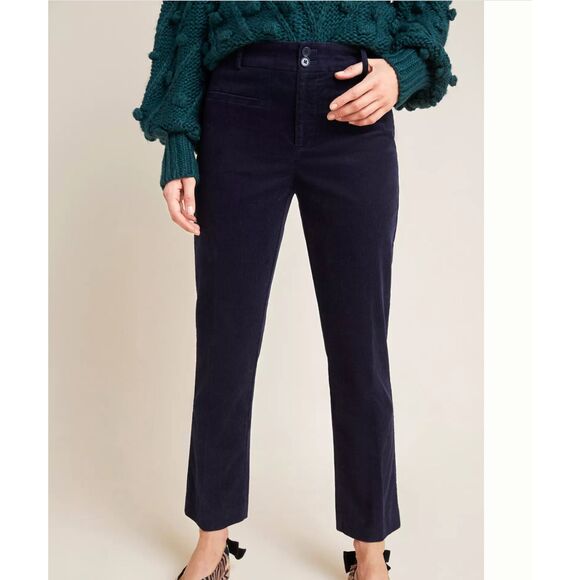 Women Anthropologie The Essential Corduroy Cropped Flare Trousers Dark Blue Sz 6 - Picture 1 of 10